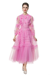 Sophia 3D Floral Sequin Mesh Maxi Dress In Pink