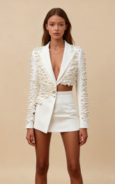 Aiden White V-neck Pearl Irregular Blazer Set