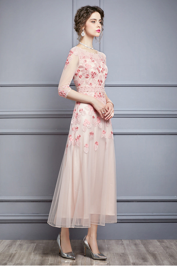 Bunyan Embroidered Beaded Midi Dress in Pink - PDC