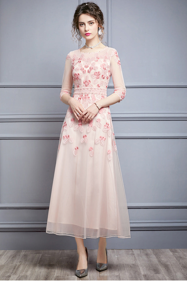Bunyan Embroidered Beaded Midi Dress in Pink - PDC