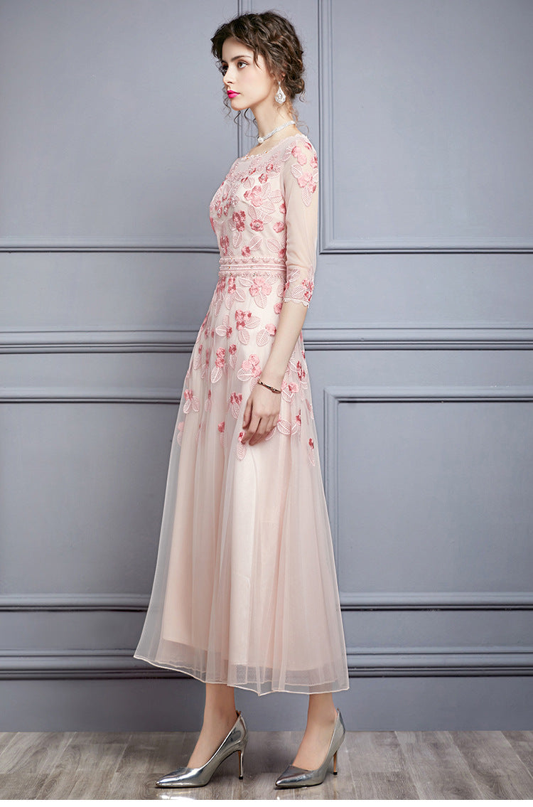 Bunyan Embroidered Beaded Midi Dress in Pink - PDC