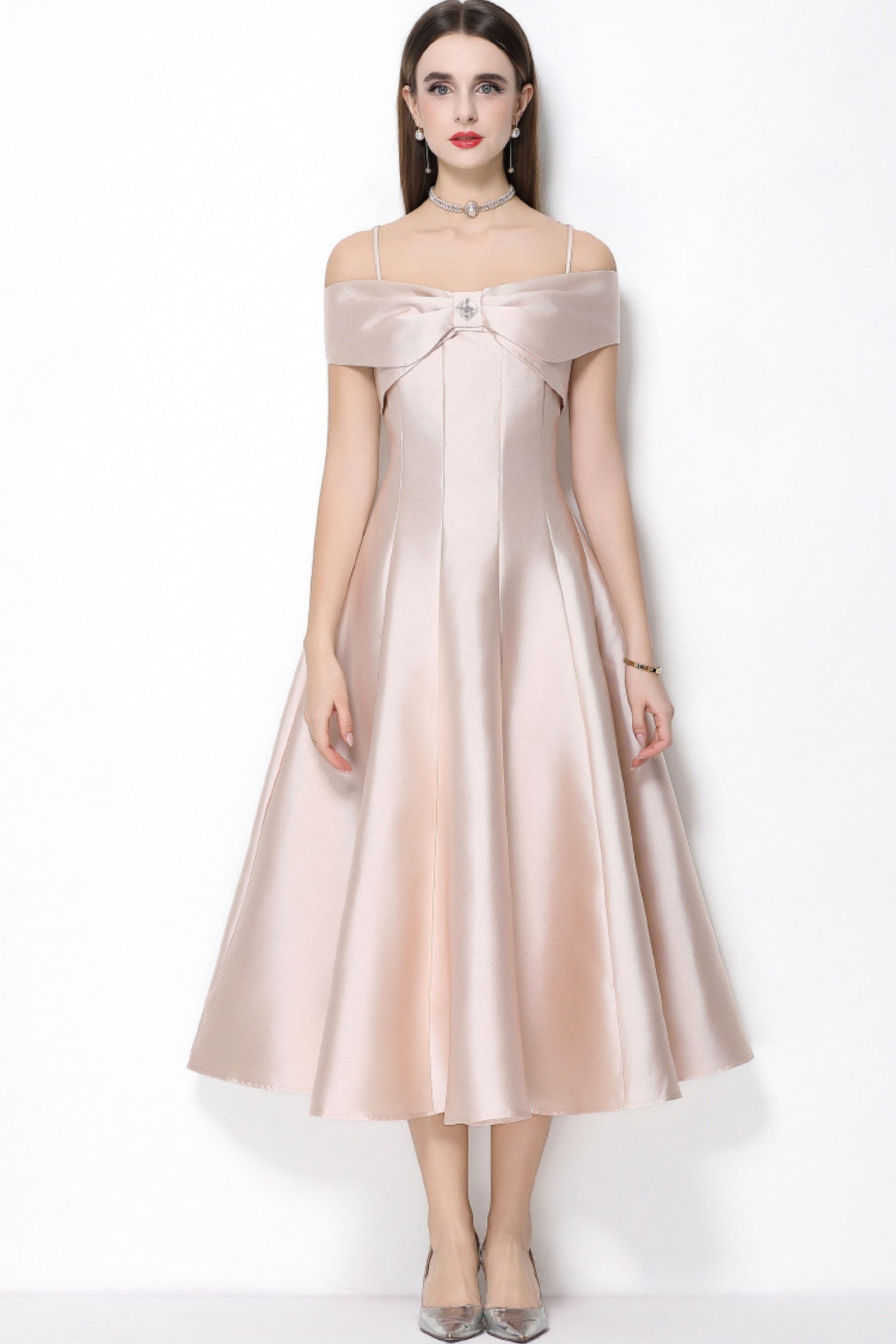 Clementine Milky Beige Bow Spaghetti Strap Midi Dress – PDC
