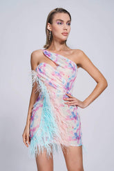 Stella Colorful Sequin Off-Shoulder Feather Mini Dress