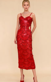 Ember Red Sequin Pearl Maxi Dress