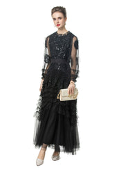 Eliana Embroidered Sequin Mesh Maxi Dress In Black