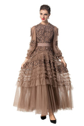 Eliana Embroidered Sequin Mesh Maxi Dress In Brown