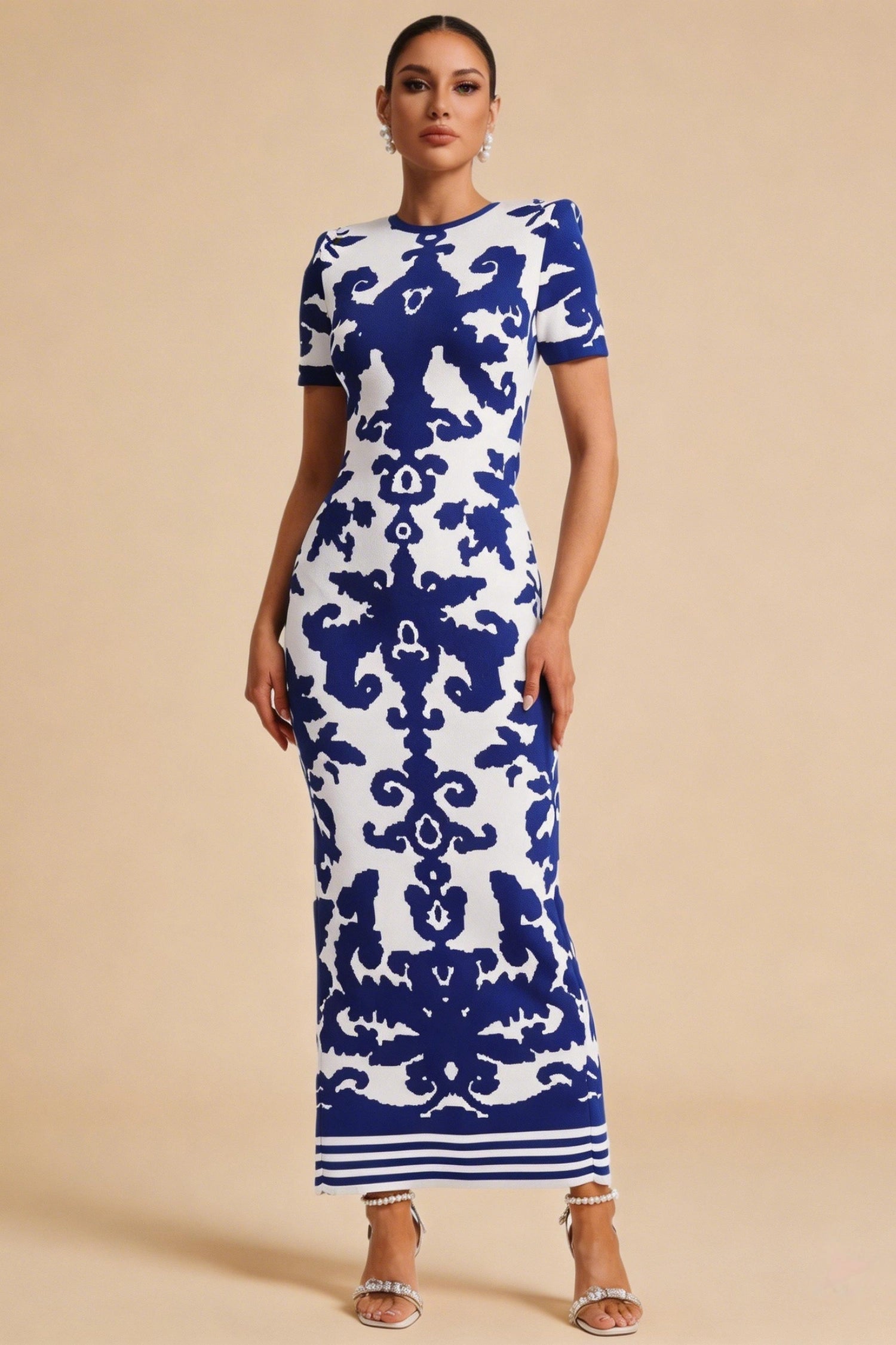 Evelyn Blue Floral Short Sleeve Bandage Maxi Dress  PDC