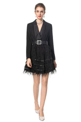 Jaxon Feather Detail Belted Blazer Dress In Black