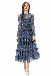 Hazel Floral Layered Ruffle Mesh Maxi Dress In Purple