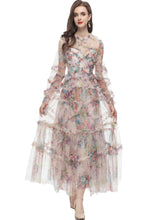 Oakleigh Floral Long Sleeve Mesh Maxi Dress In Apricot