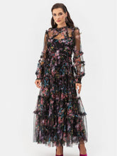 Oakleigh Floral Long Sleeve Mesh Maxi Dress In Black