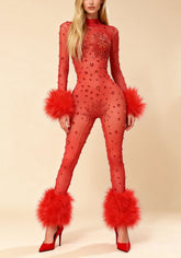 Gage Red Rhinestone Feather Sheer Jumpsuit