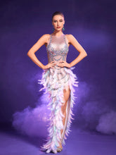 Liora Colorful Feather Pearl Rhinestone Evening Dress