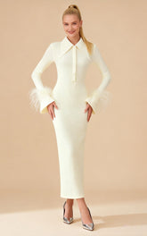 Kara Light Yellow Long-Sleeve Feathered Maxi Dress