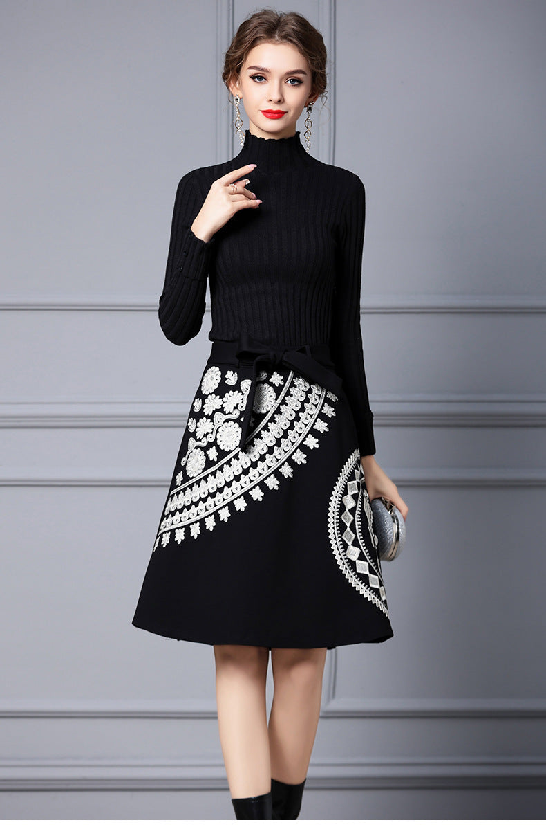 Nydia Knit Embroidered Midi Dress In Black - PDC