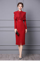 Laley Lace Long Sleeve Midi Dress In Red - PDC