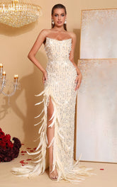 Landon Apricot Sequin Pearl Feather Dress