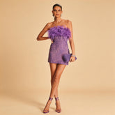 Lila Purple Sequin Ostrich Feather Party Dress
