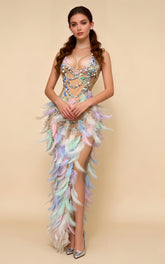 Liora Colorful Feather Pearl Rhinestone Evening Dress