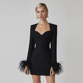 Tropical Long Sleeve Feather Bandage Dress In Black