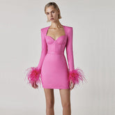 Tropical Long Sleeve Feather Bandage Dress In Pink