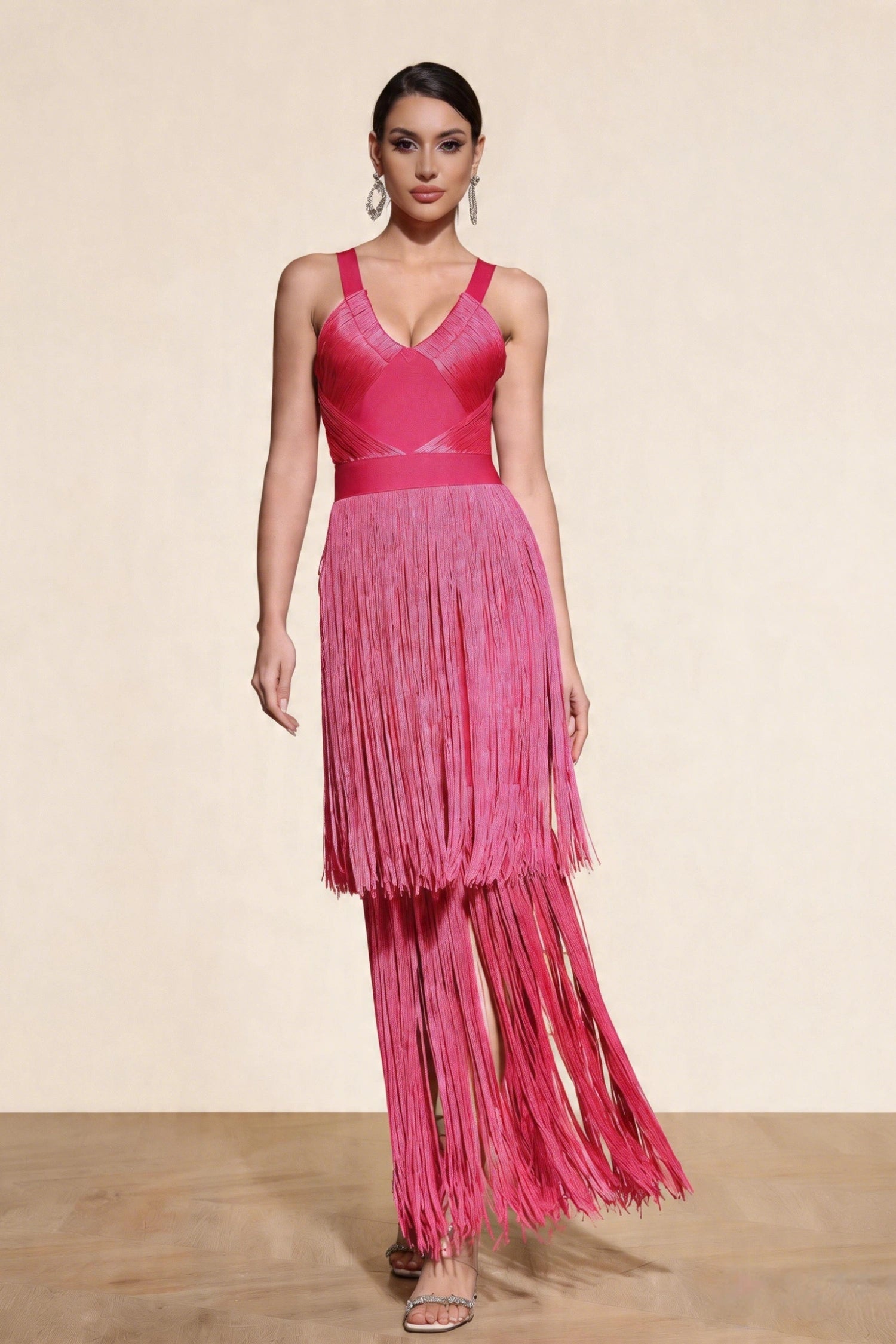 fitted lace wedding dress Madeline Fuchsia Layered Fringe Bandage Dress – PDC