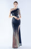 Maisie Navy Blue Sequin Asymmetric Neckline Feathered Maxi Dress