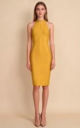 Nora Yellow Halter Bandage Midi Dress