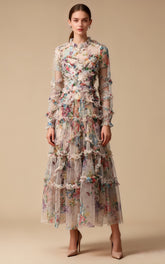 Oakleigh Floral Long Sleeve Mesh Maxi Dress In Apricot