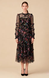 Oakleigh Floral Long Sleeve Mesh Maxi Dress In Black
