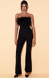 Odessa Black Ostrich Feather Bandage Jumpsuit