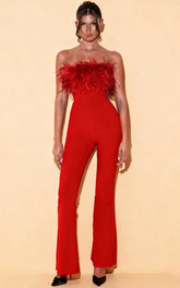 Odessa Red Ostrich Feather Bandage Jumpsuit