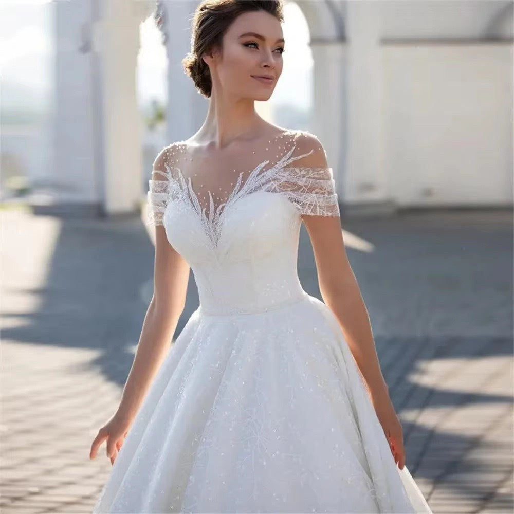 Hajar Off Shoulder Lace Wedding Dress In White - PDC