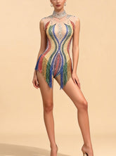 Paloma Colorful Rhinestone Tassel Sheer Romper