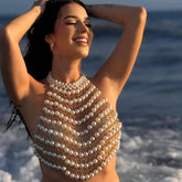 Leo Pearl Chain Halter Neck Strapless Top In White