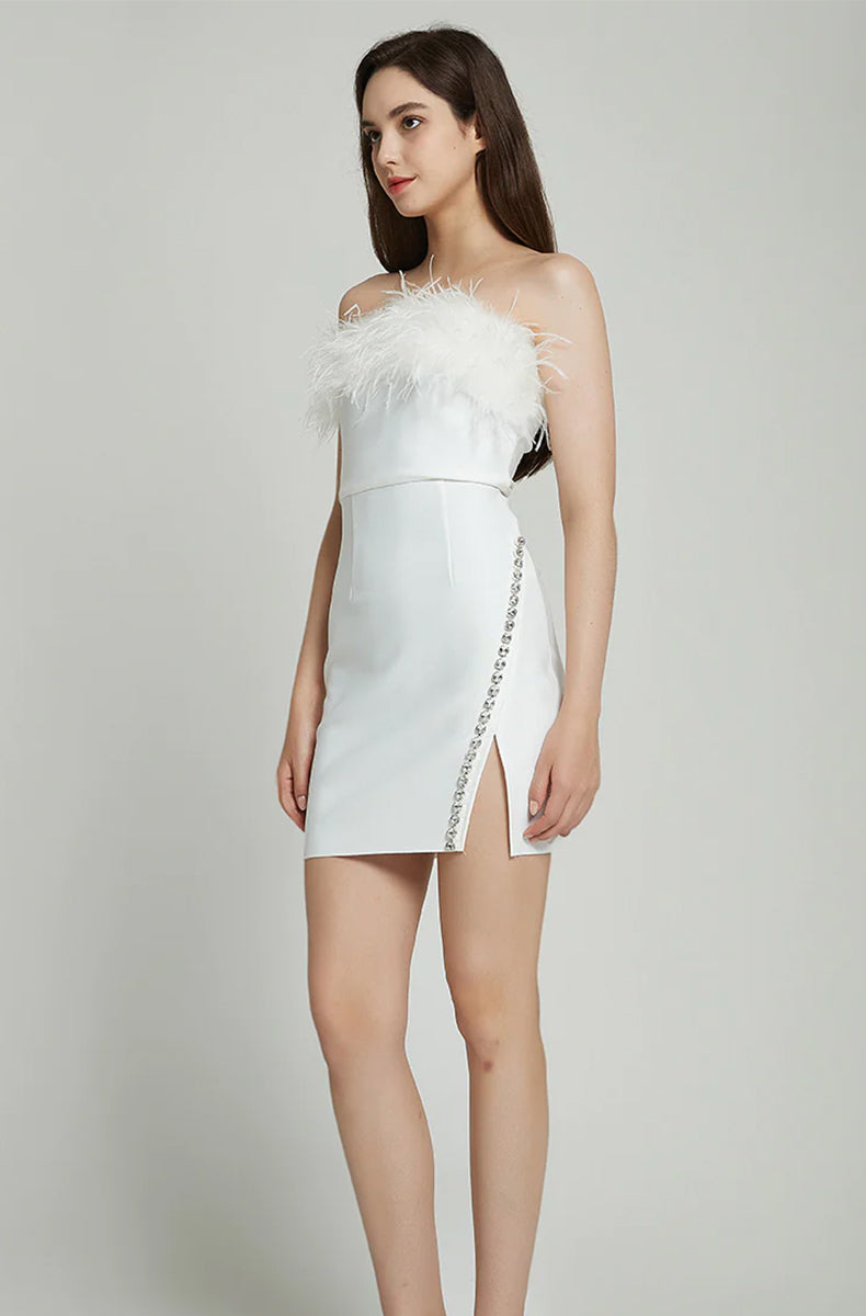 Finbar Rhinestone Feather Bodycon Dress in White - PDC