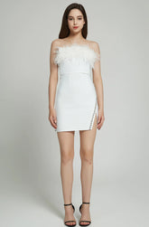 Finbar Rhinestone Feather Bodycon Dress in White - PDC