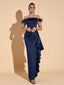 Ryder Navy Blue Off-Shoulder Feather Trim Ruffle Dress