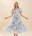 Sada Bubble Sleeve Mesh Floral Maxi Dress In Blue