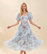 Sada Bubble Sleeve Mesh Floral Maxi Dress In Blue