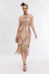 Emilia Sequin Tassel Halter Neck Evening Dress In Apricot