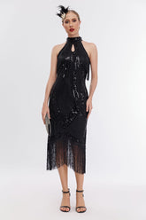 Emilia Sequin Tassel Halter Neck Evening Dress In Black