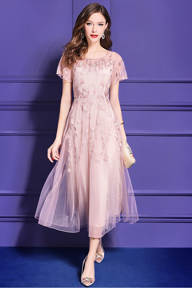 Tada Sheer Embroidered Lace Dress in Dusty Pink - PDC