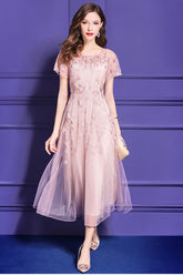 Tada Sheer Embroidered Lace Dress in Dusty Pink - PDC