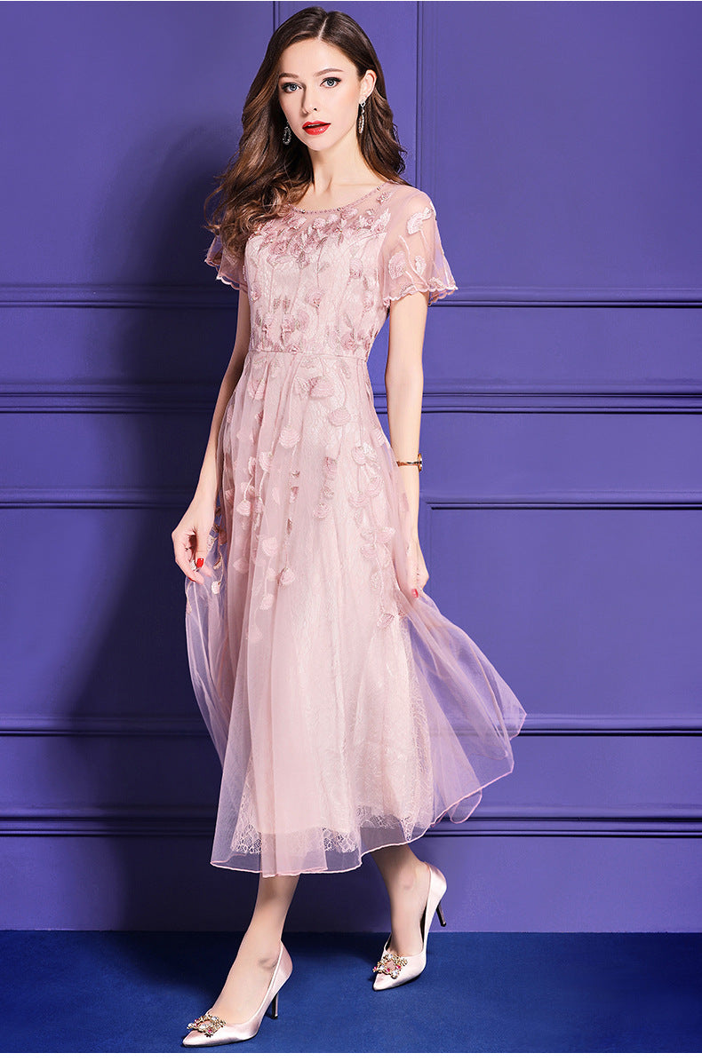 Tada Sheer Embroidered Lace Dress in Dusty Pink - PDC