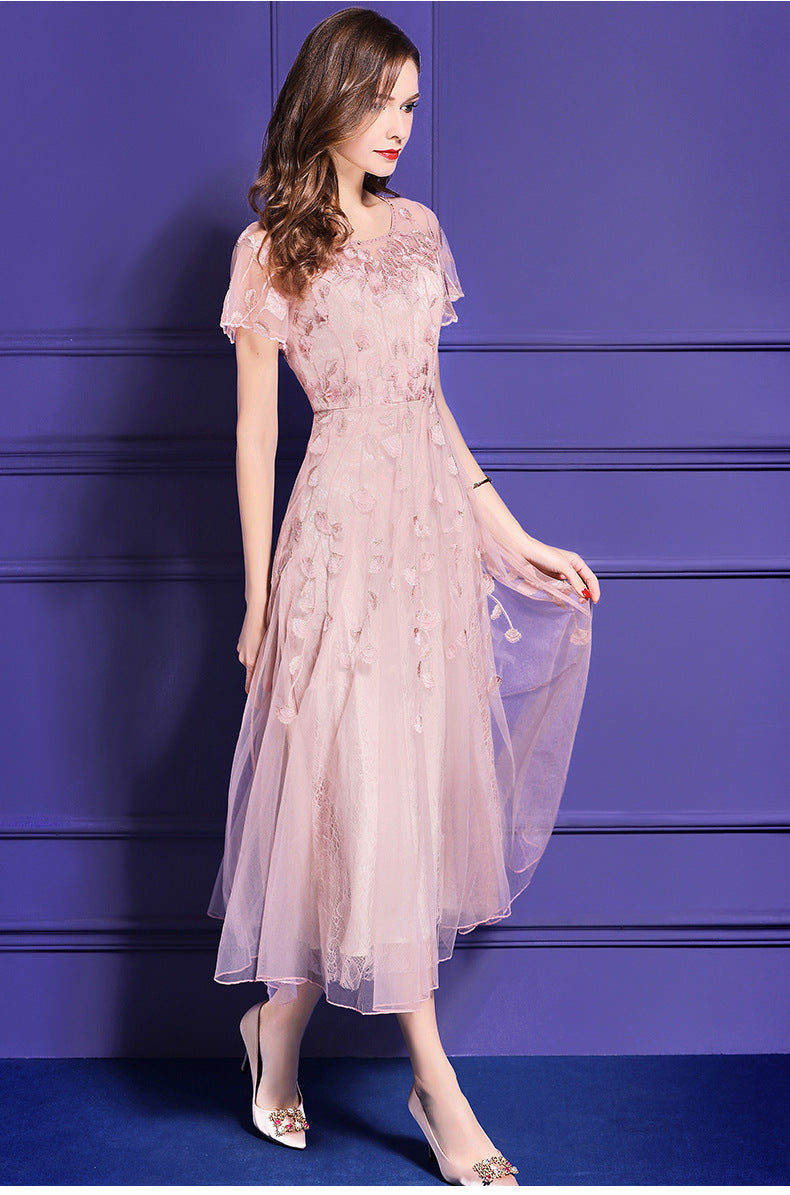 Tada Sheer Embroidered Lace Dress in Dusty Pink - PDC