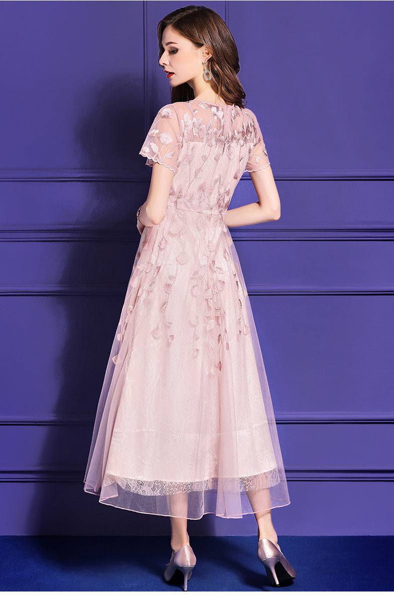 Tada Sheer Embroidered Lace Dress in Dusty Pink - PDC