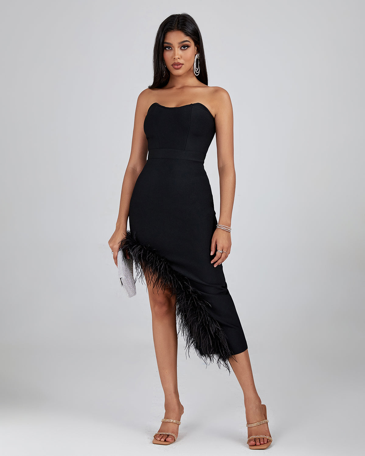 Hanne Strapless Feather Bandage Dress In Black - PDC