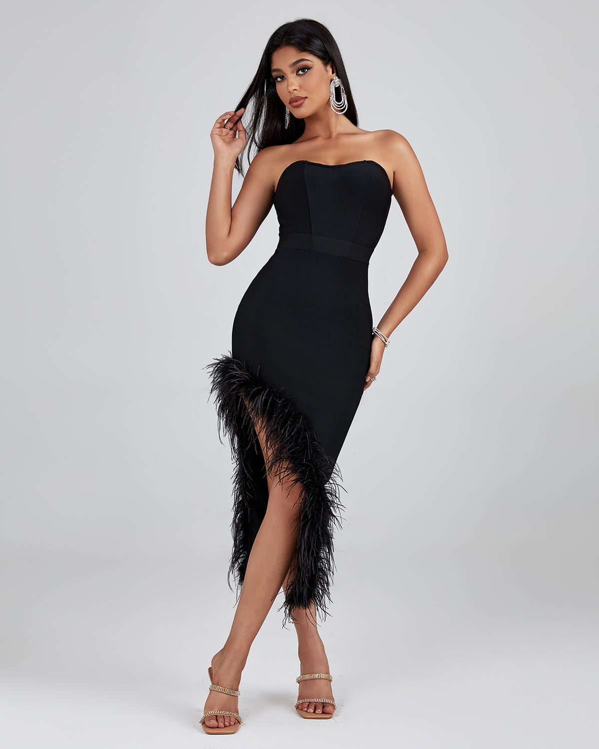 Hanne Strapless Feather Bandage Dress In Black - PDC