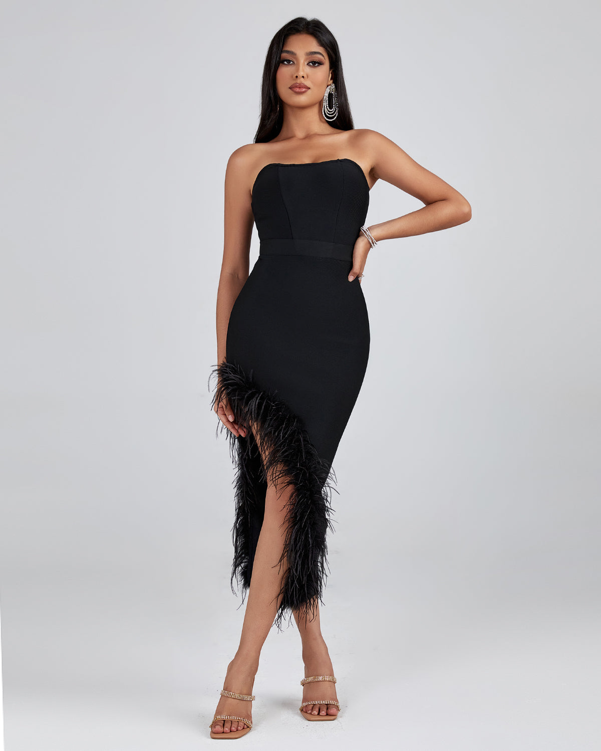 Hanne Strapless Feather Bandage Dress In Black - PDC